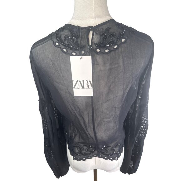 ZARA Black Sheer Small Long Sleeve Embroidered Beaded Blouse - Picture 15 of 16